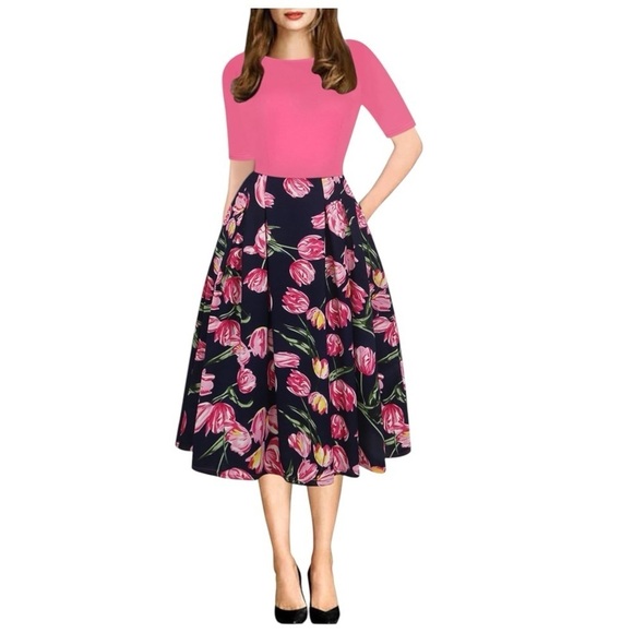 oxiuly fashion Dresses & Skirts - oxiuly Summer Dresses for Women  Floral A-Line Skirt Pink and Black XL like new!